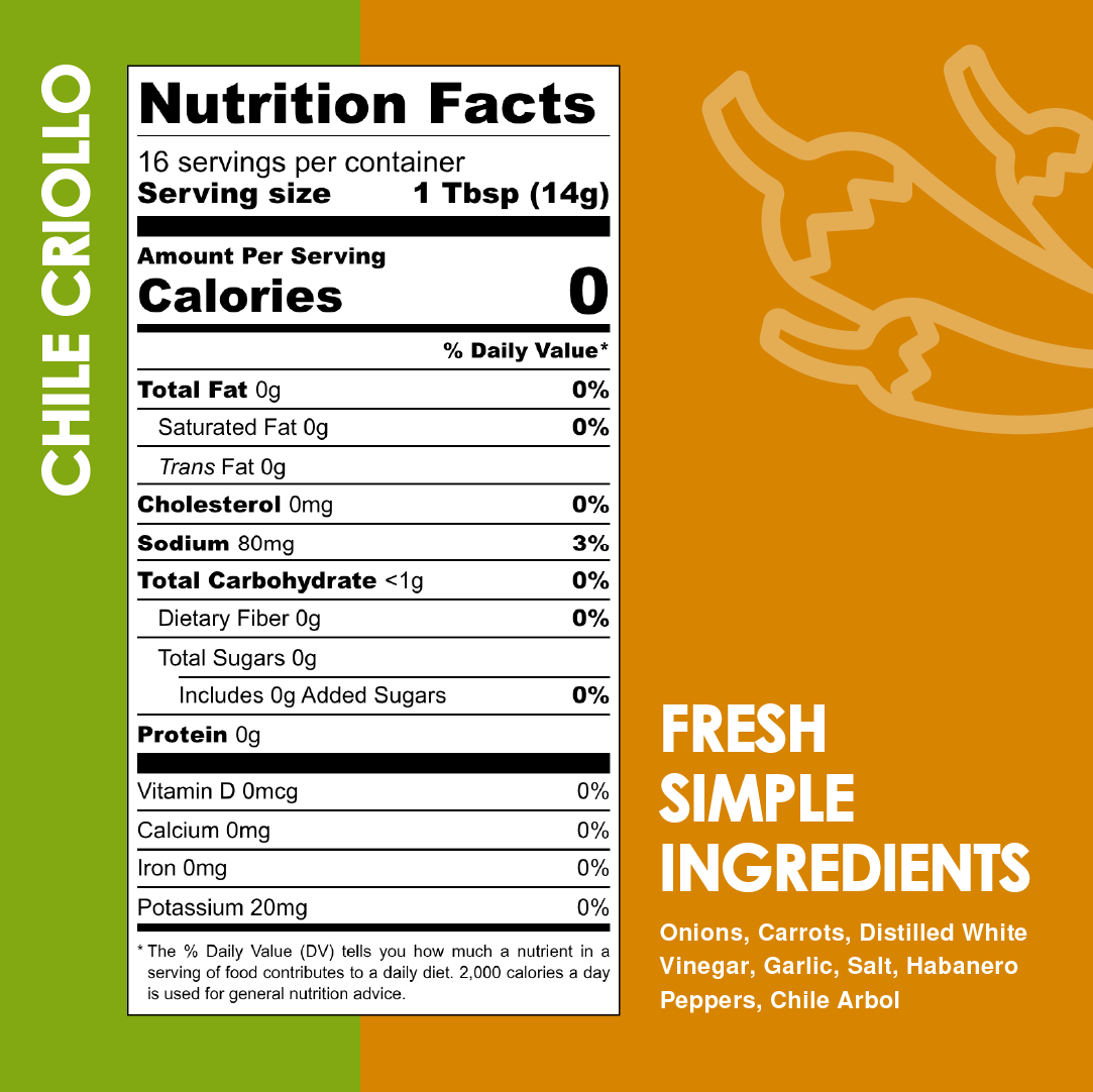 Nutrition facts label for Chile Criollo with ingredient list on an orange background